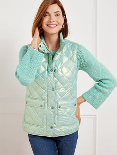 Bundle up this season in our much-loved puffer vest. Detailed with lustrous pearlized finish. Down fill provides just-right heat retention. Features a high-low hem and patch front pockets for your everyday essentials. Features Sleeveless Hits At Hip Zip front with snap placket closure Patch pockets Imported USA Sterilization Permit Number: UT 70018(CN) Fit: Misses: 26 1/2"; Petite: 25"; Plus: 28 1/2"; Plus Petite: 26 1/2" Material: Shell: 100% Polyester; Lining: 100% Polyester; Fill (Body): Down Color Cloud, Shopping Event, Classic Style Women, Puffer Vest, Everyday Essentials, Outerwear Jackets, Blazer Jacket, Everyday Essentials Products, Stylish Outfits