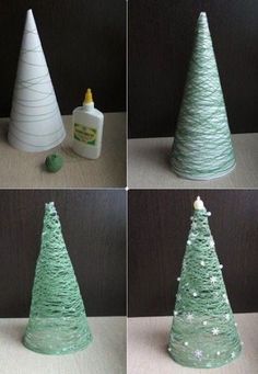 four different pictures of christmas trees made out of toilet paper and glue on the bottom