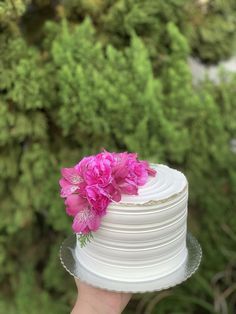 a hand holding a white cake with pink flowers on top and greenery in the background