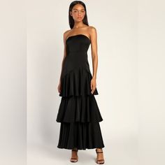 Reposhing This Item I Purchased From @Tanton1996. Loved It, And Was Going To Wear It To An Event But Ended Up Not Going. This Beautiful Dress Brand New With Tags Is Ready To Go To A New Home And To Finally Be Worn! Questions? Leave A Comment Below! Black Tiered Prom Dress, Black Tiered Maxi Dress, Dark Romantic Wedding, Petite Maxi Dress, Strapless Prom Dress, Prom Inspo, Tiered Ruffle Skirt, Black Strapless Dress, Dark Romantic