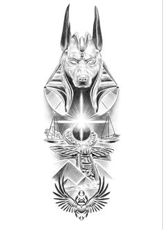 Anubis Egipto Royal Tattoo Ideas, Egyptian Tattoo Sleeve Stencil, Anubis Back Tattoo, Outcast Tattoo, African King Tattoo, Anubis Tattoo Stencil, Anubis Tattoo Design Ideas, Eygptain Tattoos, Egyptian Tattoo Ideas