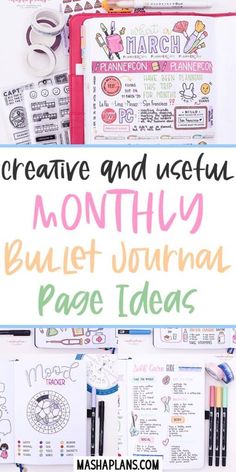 25 ideas for you to try in your monthly Bullet Journal setup. Bring more fun to your journal and learn new ways it can help you with these creative Bullet Journal spreads. Memories page, mood trackers, monthly goals, meal plan spreads and more! #mashaplans #bulletjournal #bujospread #bujo #pageideas #bulletjournalideas #monthlylog Bullet Journal Topics, Bujo Monthly Spread, Monthly Bullet Journal, Bullet Journal Page Ideas, Journal Page Ideas, Bullet Journal Page