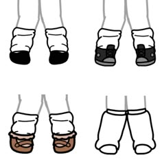 four pairs of feet with different socks and shoes on each foot, all in black and white