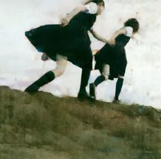 two women in black dresses are walking up a hill with their arms around each other