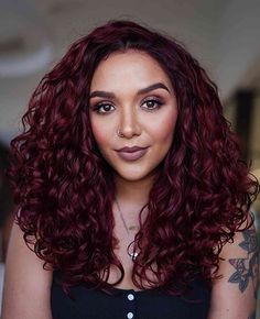 Curly Hair Color Ideas Burgundy, Red Hair For Curly Hair, Plum Burgundy Hair With Highlights, Merlot Curly Hair, Curly Mahogany Hair, Red Curly Hair Styles, Curly Dyed Hair Natural Curls Red, Dark Red Hair On Curly Hair, Curly Plum Hair