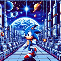 sonic the hedge running through a space station with planets and stars in the sky behind him