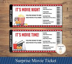 two movie ticket templates with the words surprise movie ticket on it and an image of popcorn