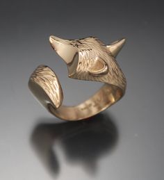 the fox ring has been my most popular ring so i made this one adjustable and engraved deeper fur . cast in a low tarnish bronze it will look like gold for a long time see other listing for eyes Bigfoot Drawing, Bronze Accessories, Fox Ring, Fox Jewelry, Animal Ring, Wolf Necklace, Diamond Eyes, Animal Rings, Unusual Jewelry