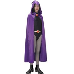 a woman in a purple cape and black boots is standing with her hands on her hips