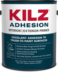 KILZ ADHESION primer is a water-base, modified-acrylic primer specifically formulated to bond to a variety of ‘tough-to-paint’ surfaces. Its advanced chemistry provides a sound anchor for topcoats while reducing or potentially eliminating the need for sanding dense, glossy surfaces including Kynar®, PVC, vinyl, Formica®, glass, tile, glazed brick, chalky paints, glossy finishes, fiberglass and metals. If using as a primer for epoxies, lacquers, products containing xylene or other hot solvents, a Water Based Primer, Chalky Paint, Glazed Brick, Peeling Paint, Paint Primer, Paint Supplies, Ceiling Fan In Kitchen, Paint Stain, Painting Tips