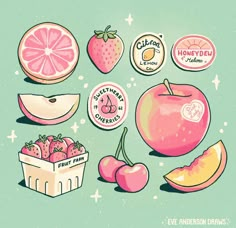 an assortment of fruit stickers on a green background