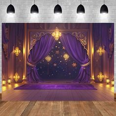 an empty stage with purple curtains and gold stars on the curtained wall, surrounded by lights