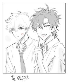 two anime guys with short hair and ties, one holding his hand up to the side