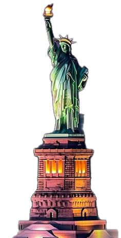 the statue of liberty is lit up in red, white and blue colors as it stands on top of a building