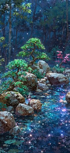 a stream running through a lush green forest filled with rocks and flowers, surrounded by stars