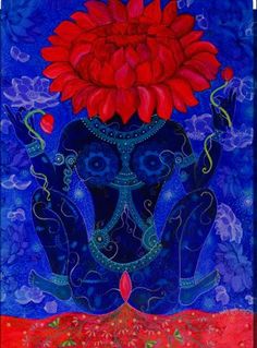 a painting of a red flower on top of a blue elephant's head with its trunk in the air