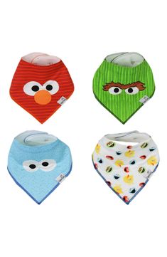 Protect baby's clothes from drooling and spills with these special Sesame Street bandana bibs made of a soft cotton knit with an absorbent fleece backing. Includes four assorted bibs Back snap closure Ages 3–36 months 100% cotton with 100% polyester backing Machine wash, tumble dry Imported Cotton Playtime Bib For Babies, Washable Bib For Playtime, Cute Cotton Bib For Playtime, Playful Washable Bib For Playtime, Playful Cotton Bib, Machine Washable, Cute Cotton Washable Bib, Playful Cotton Bib Machine Washable, Cute Multicolor Machine Washable Bib, Multicolor Washable Bib For Playtime