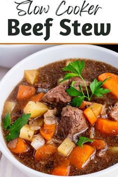 beef stew in a white bowl with carrots and parsley