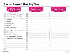 a printable sunday basket planning time list with pink ribbon on it and the words,