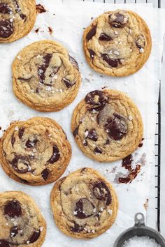 chocolate chip cookies sitting on top of parchment paper