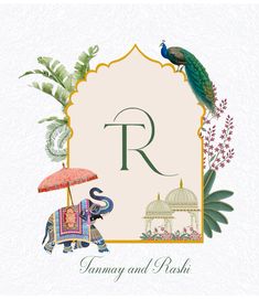 the letter r is surrounded by an elephant and a peacock with umbrellas in front of it