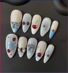 Nails French Almond, Press On Nails French, French Almond, Kutek Disney, Cherry Nails, Valentine Nails