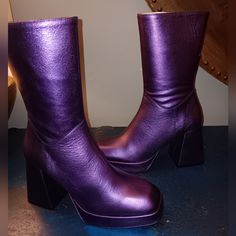 Metallic Purple Leather Ankle Boots Purple Leather Platform Boots, Fall Purple Platform Boots, Purple Leather Ankle-high Boots, Purple Leather Round Toe Platform Boots, Purple Leather Platform Boots With Round Toe, Purple Platform Boots With Round Toe, Party Platform Boots With Stacked Heel, Synthetic Platform Boots With Stacked Heel For Parties, Purple Platform Boots For Fall