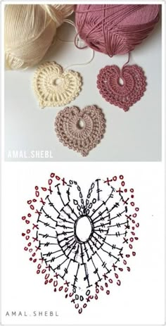 crocheted hearts and yarns are shown in three different colors