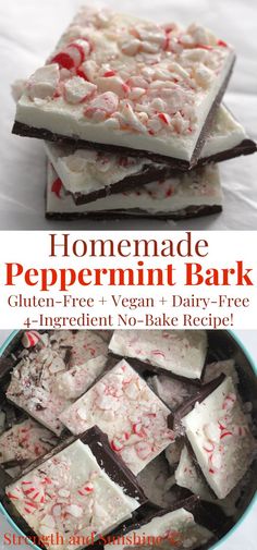 homemade peppermint bark recipe that's vegan Dairy Free Christmas Treats, Vegan Peppermint Bark, Gluten Free Christmas Baking, Gluten Free Christmas Treats, Gluten Free Christmas Desserts, Peppermint Bark Recipe, Homemade Peppermint Bark, Peppermint Bark Recipes, Gluten Free Dairy Free Dessert