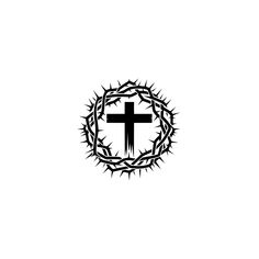 a black and white image of a cross in the middle of a crown of thorns