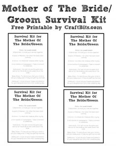 the mother of the bride groom survival kit is shown in black and white with text