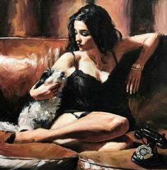 a painting of a woman sitting on a couch holding a dog