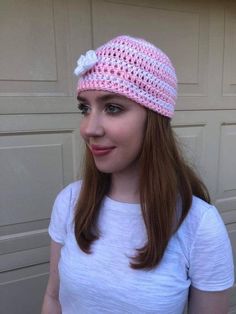 Handmade crochet hat featuring pink and white stripes and a decorative crochet flower. Style is reminiscent of the early 2000s trend and machine washable. Crochet Striped Beanie, Early 2000s Trends, Decorative Crochet, Striped Beanie, Knit Beret, Crochet Bucket Hat, Striped Beanies, Flower Style, Pink Cotton Candy