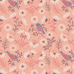 a pink background with birds and flowers on it