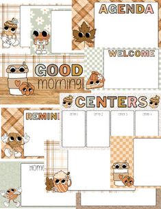 a set of four printables with the words good morning and an image of a dog