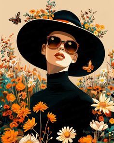 a woman wearing sunglasses and a hat in a field of flowers with a butterfly flying over her head