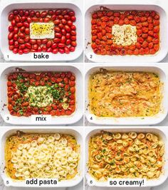 six images showing different types of pasta in white dishes with tomatoes and other toppings