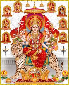 the hindu goddess sitting on top of a tiger