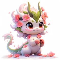 a cute little dragon with flowers on its head and tail, sitting in front of a white background