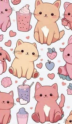 a bunch of cats that are on a white background with hearts and ice creams