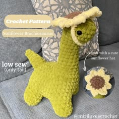 a crocheted stuffed animal is shown with instructions for how to sew it