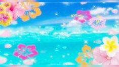 an artistic photo with flowers and butterflies in the sky above water, on a sunny day