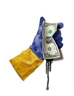 a bunch of money sitting on top of a blue and yellow piece of cloth with one dollar bill sticking out of it