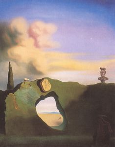 a painting with an image of a man standing on top of a hill looking out at the sky