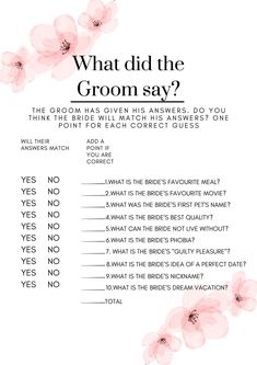 what did the groom say? with pink flowers on white background and text that reads, what did the groom say?