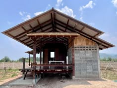 a small wooden building sitting on top of a dirt field