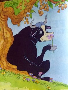 a painting of a bull sitting under a tree with flowers on it's nose