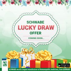 an advertisement for the schwabe lucky draw offer is shown in front of presents