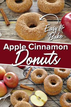 apple cinnamon donuts on a cooling rack with apples and cinnamon sticks in the background