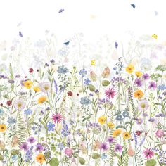 a field full of flowers and butterflies on a blue background